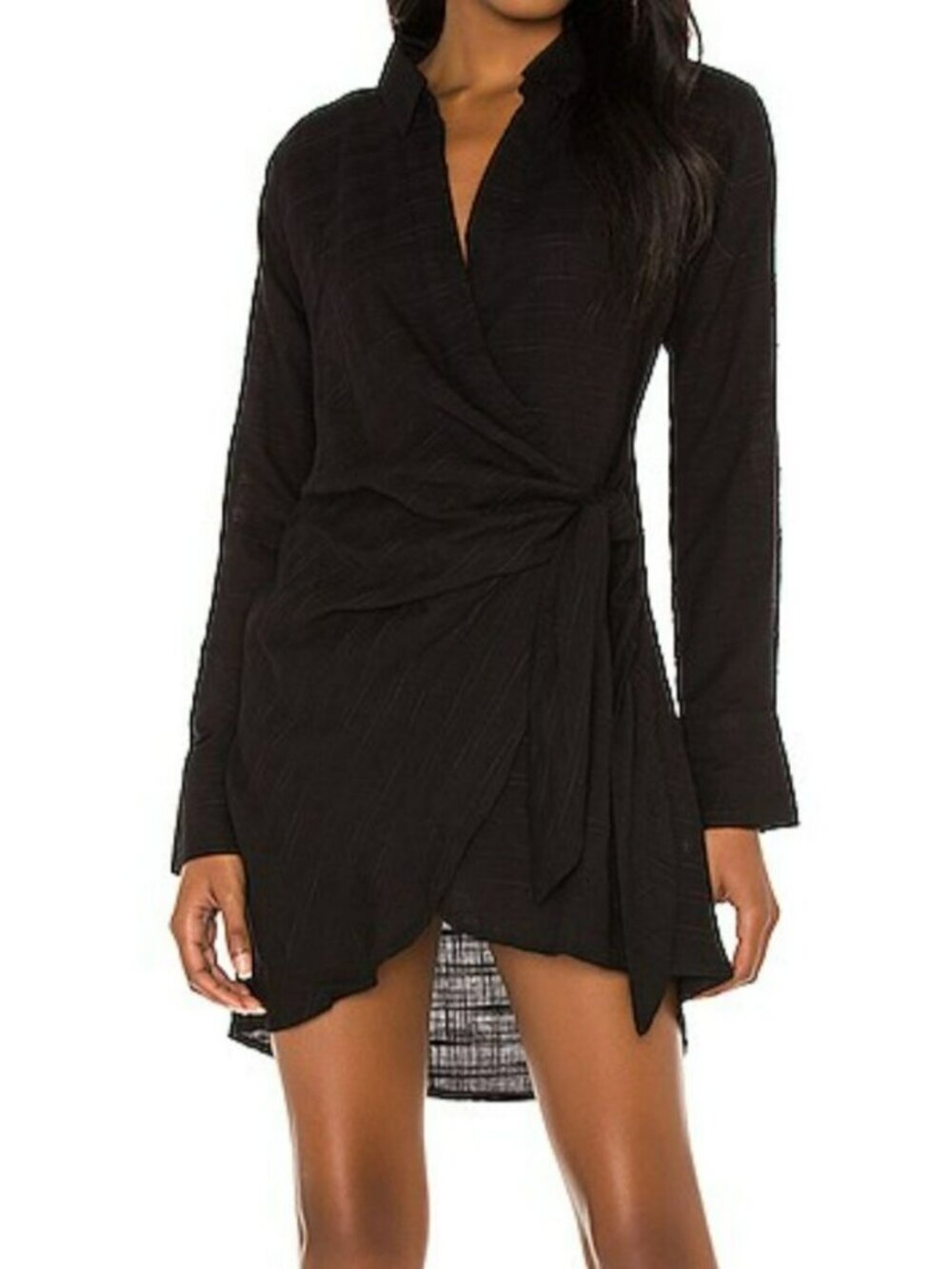 L Space Womens Black Wrap Dress With Collared Neck & Tie Waist In Large